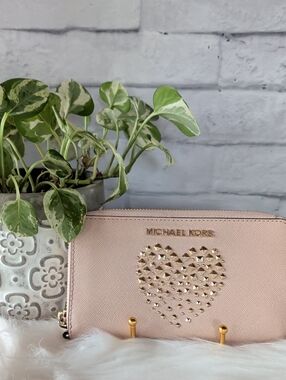 Michael Kors Blush Pink Studded Heart Zip-Around Wallet